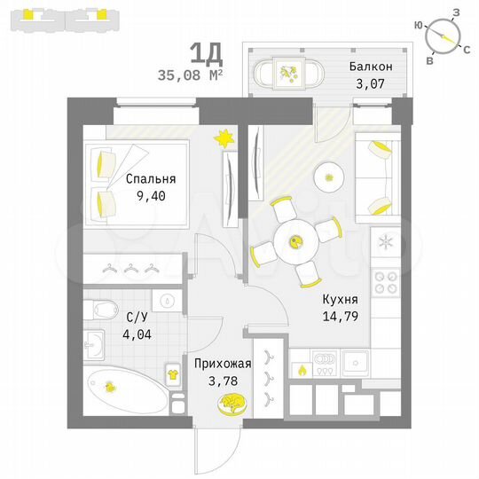 1-к. квартира, 35,1 м², 7/9 эт.