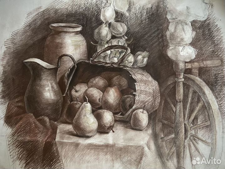 Красивая графика «Натюрморт с прялкой и фруктами»