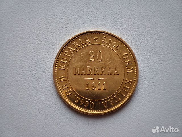 Золотая монета 20 марок 1911 L Русско-Финская UNC
