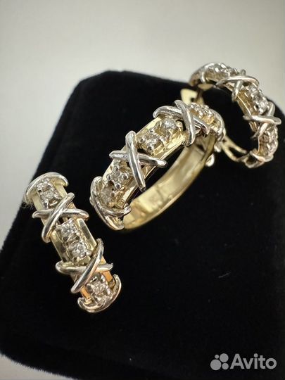 Золотые серьги и кольцо с бриллиантами Tiffany