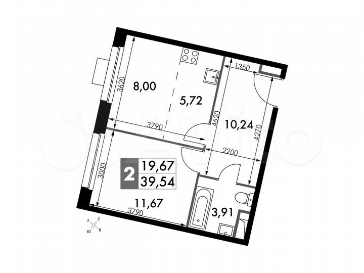 2-к. апартаменты, 39,5 м², 8/15 эт.