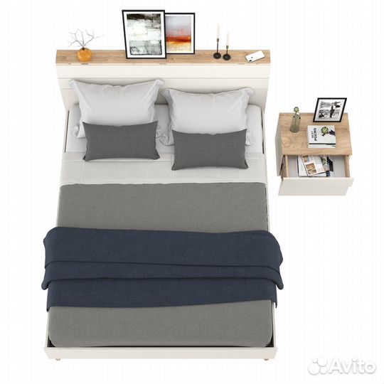 Кровать двуспальная Муссон 1600 с ортопедическим основанием и прикроватная тумба белый/дуб эндгрейн