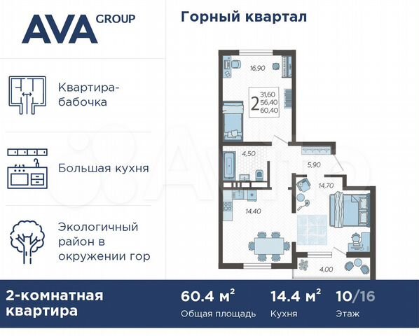 2-к. квартира, 60,4 м², 10/16 эт.