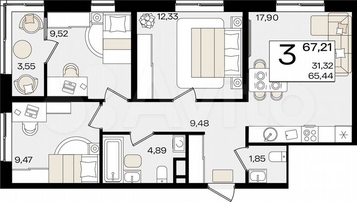 3-к. квартира, 67,2 м², 6/16 эт.