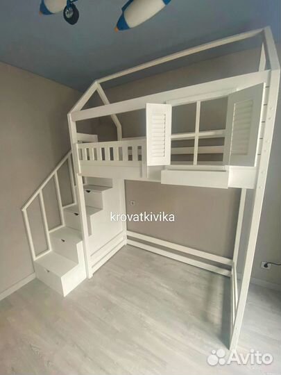 Детская Эко кровать чердак домик из массива