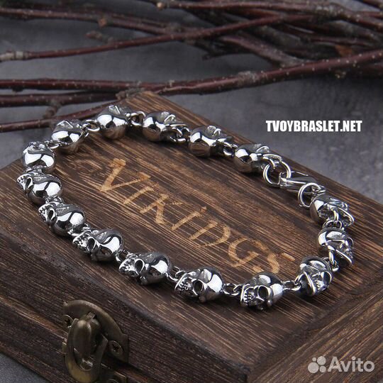 Браслет стальной мужской с черепами Vikings STL035