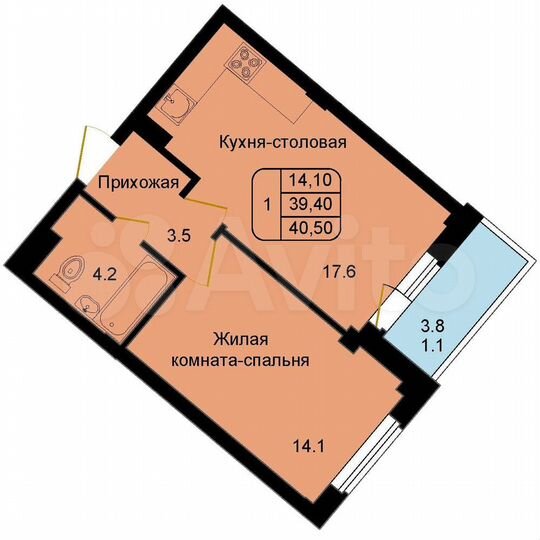 1-к. квартира, 40,5 м², 4/8 эт.