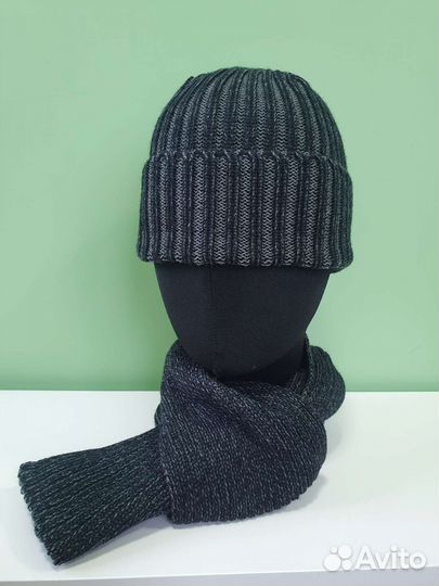 Мужская вязаная шапка и шарф вязаные, комплект