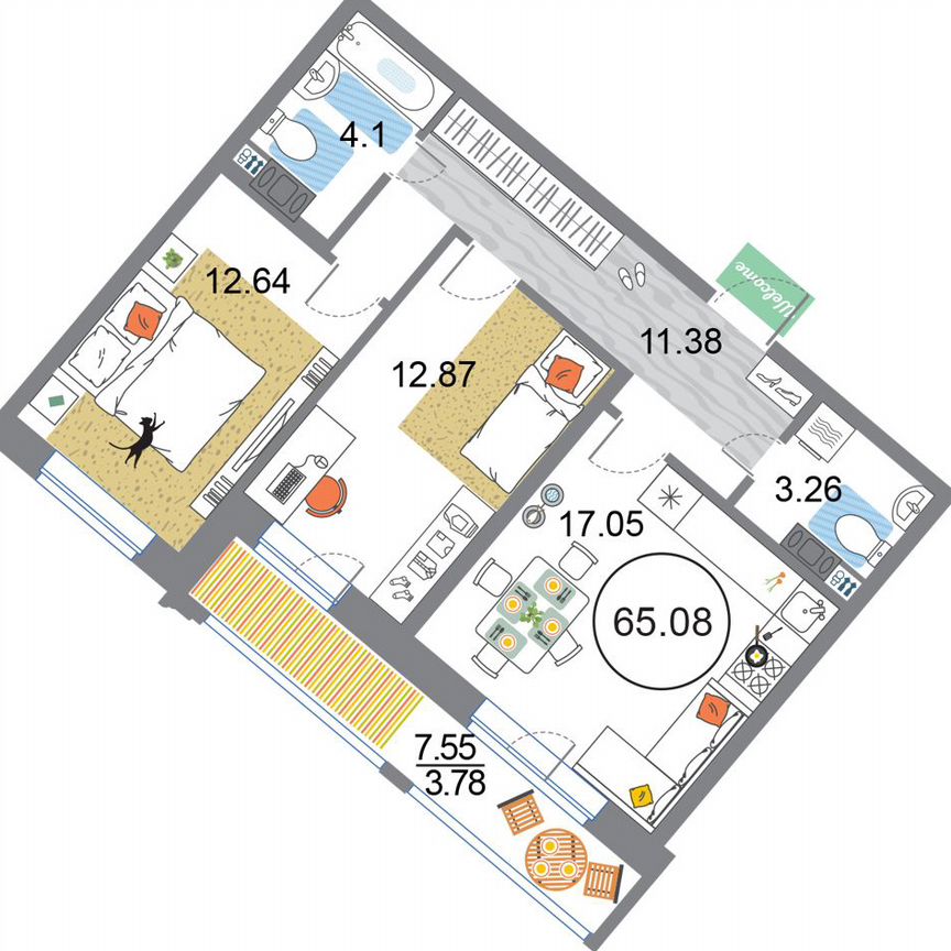 2-к. квартира, 65,1 м², 9/12 эт.