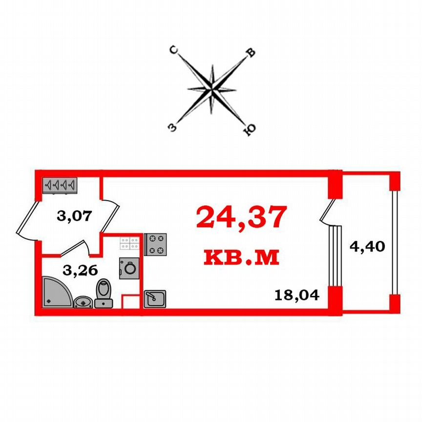 Квартира-студия, 24,4 м², 3/4 эт.