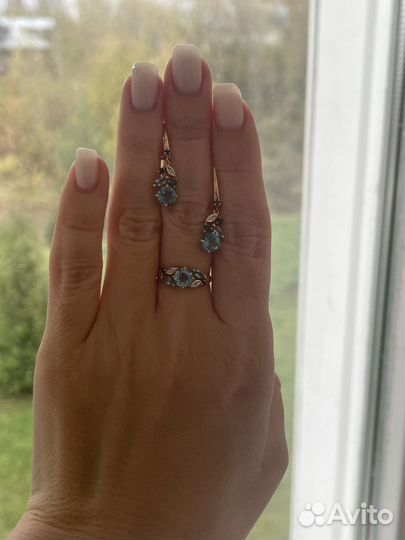 Комплект с топазами, кольцо, серьги, подвеска