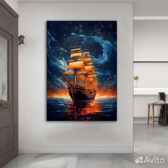 Картина маслом корабль в ночи Качественные краски