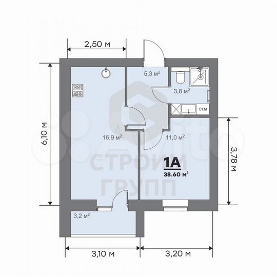 1-к. квартира, 38,6 м², 1/9 эт.