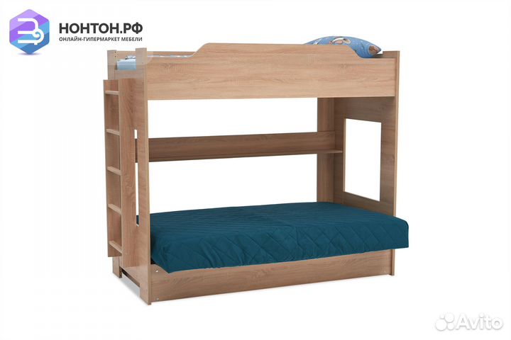 Двухъярусная кровать с диван-кроватью велюр зелены