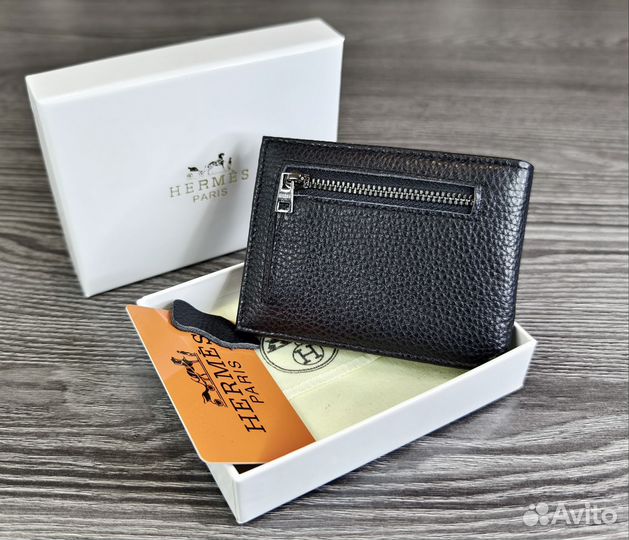 Мужской кожаный кошелёк Hermes black магнит новый