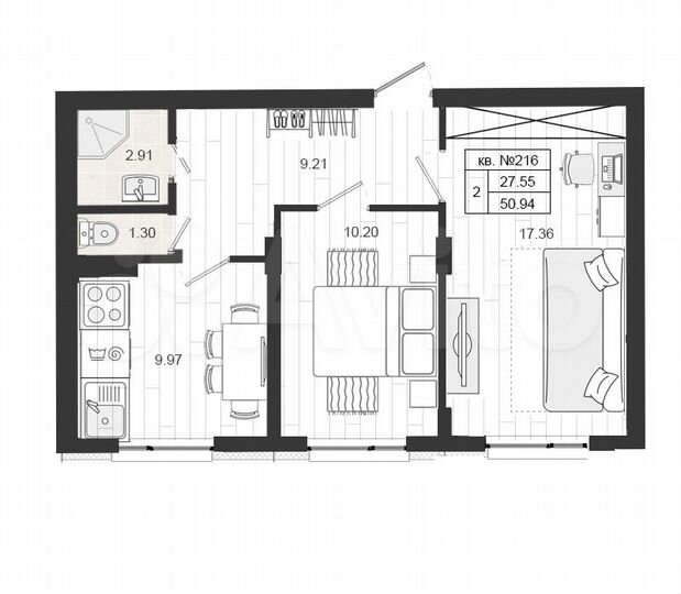 2-к. квартира, 50,9 м², 1/4 эт.