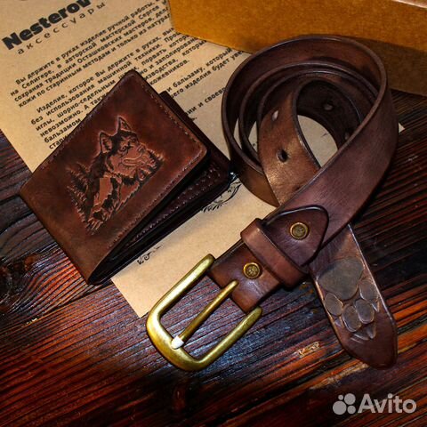 Ремень и кошелек из кожи. Подарок мужчине. Волк