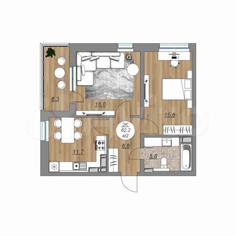 2-к. квартира, 62,2 м², 11/22 эт.