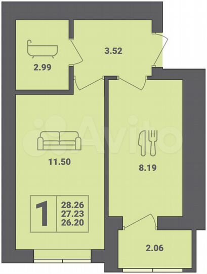 1-к. квартира, 28,3 м², 5/6 эт.