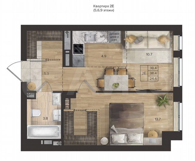 2-к. квартира, 38,4 м², 9/9 эт.