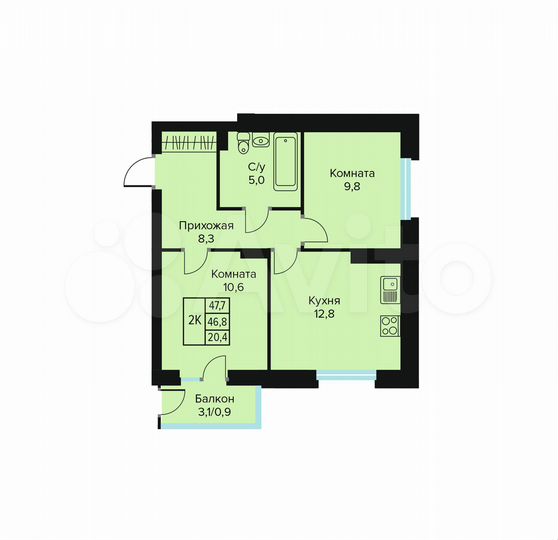 2-к. квартира, 47,7 м², 2/10 эт.