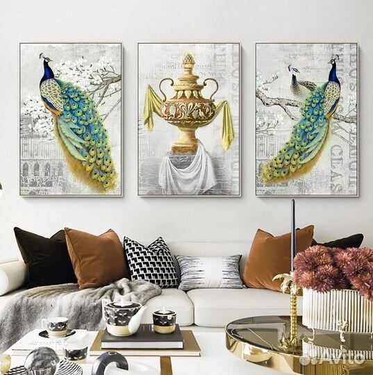 Модульная картина маслом павлины