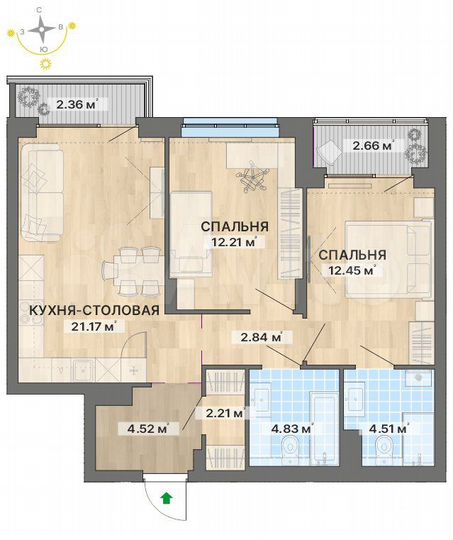 2-к. квартира, 69,8 м², 2/12 эт.