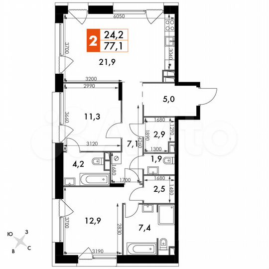2-к. квартира, 77,1 м², 2/10 эт.