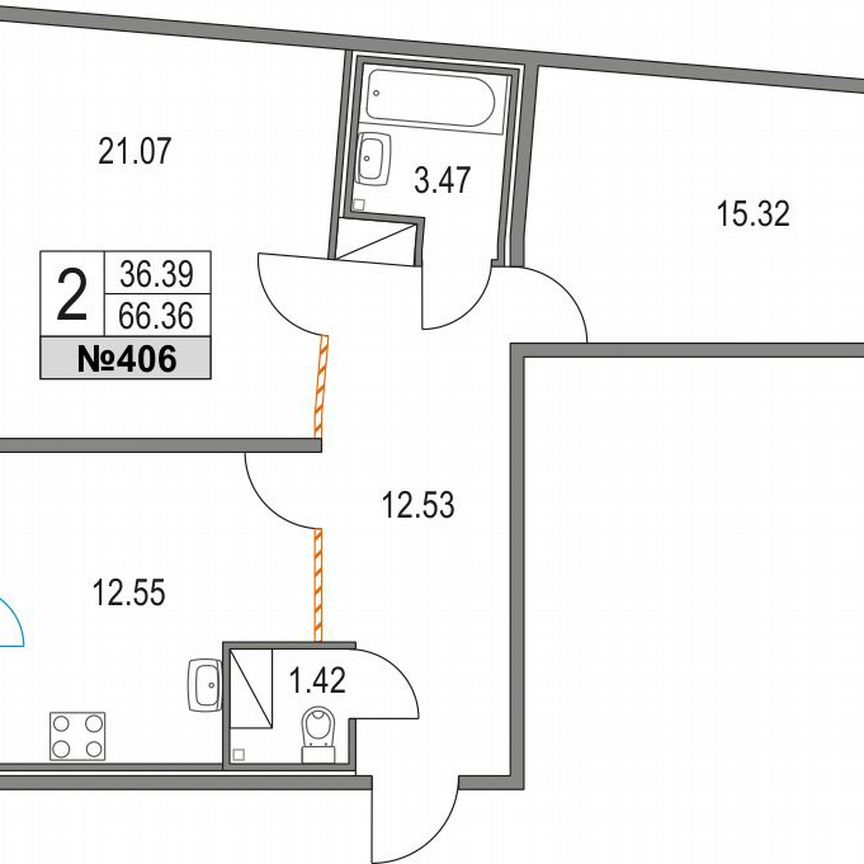 2-к. квартира, 66,4 м², 8/21 эт.