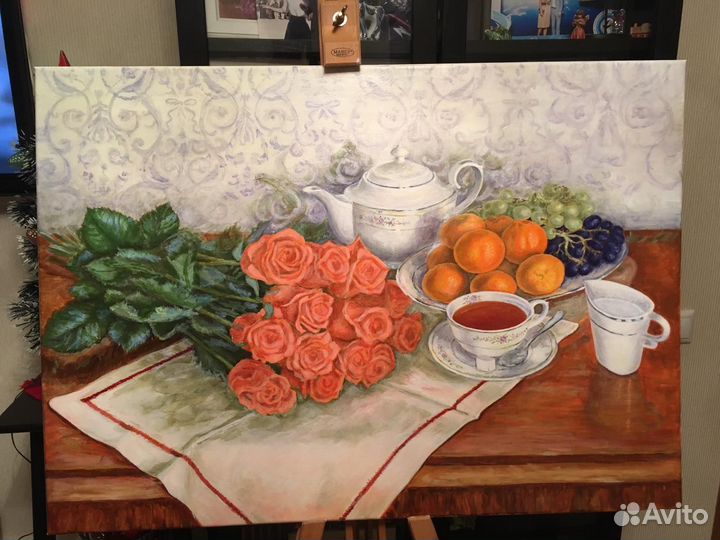 Натюрморт с мандаринами и розами