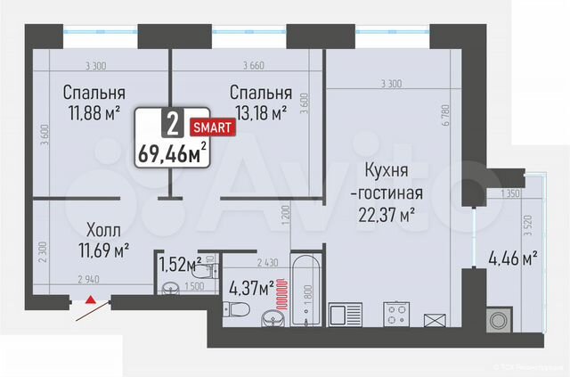 2-к. квартира, 69,5 м², 1/10 эт.