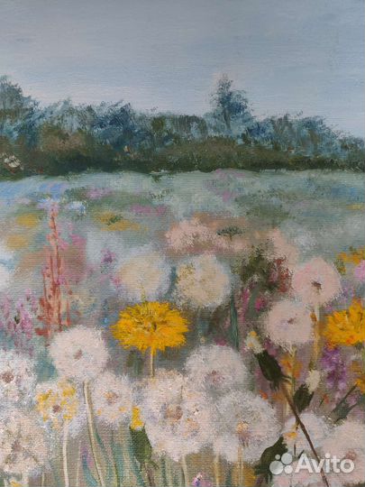Картина маслом на холсте. Поле одуванчиков