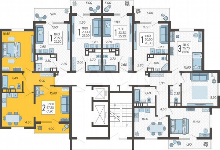2-к. квартира, 61,2 м², 4/10 эт.