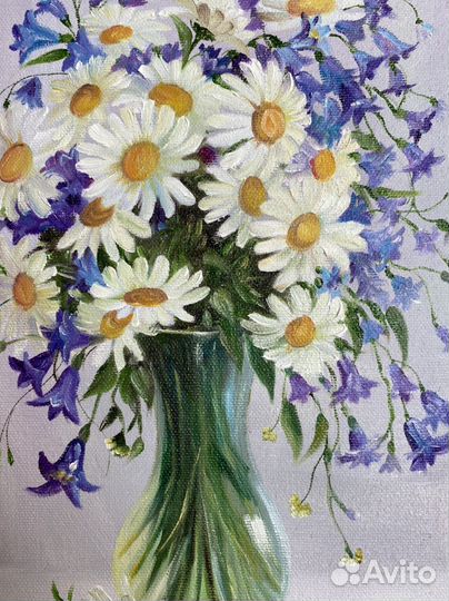 Картина маслом. Ромашки и колокольчики