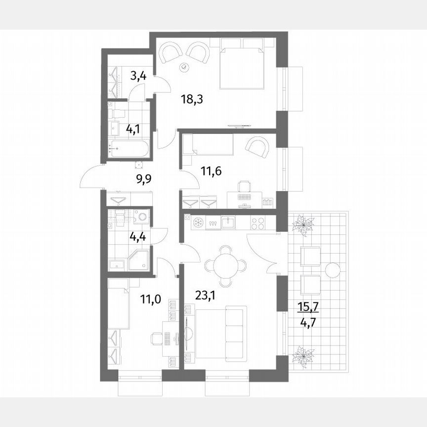 3-к. квартира, 90,5 м², 1/6 эт.