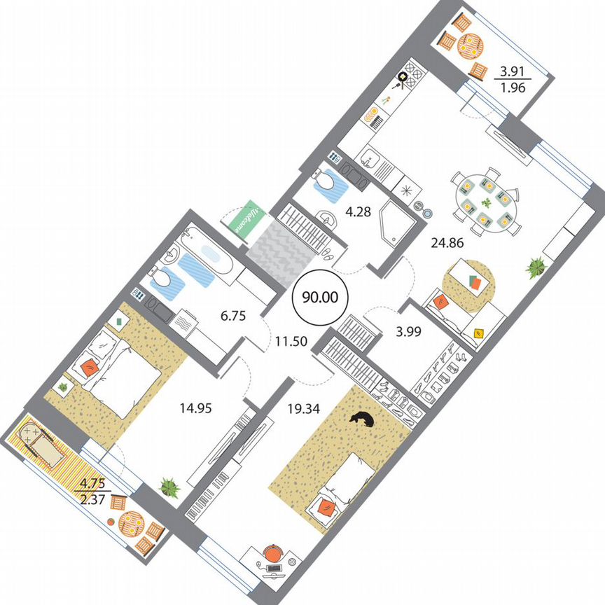 2-к. квартира, 90 м², 8/12 эт.