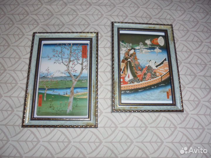 2 панно японские гравюры в красив рамке 12,5х17 см