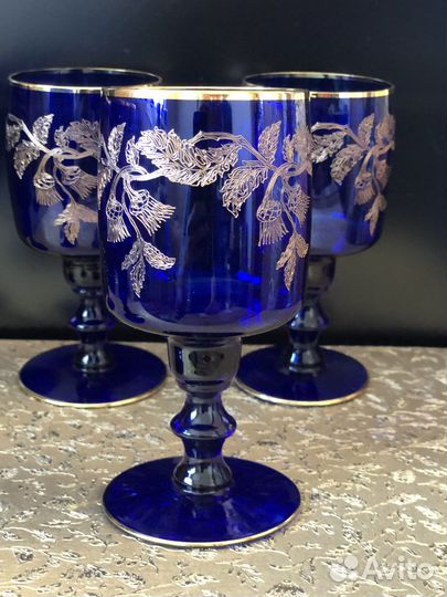Набор бокалов Богемия кобальт позолота Чехия