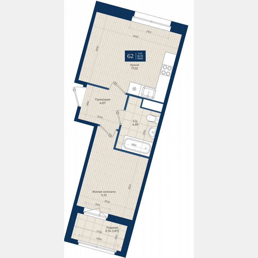 1-к. квартира, 38,7 м², 2/12 эт.