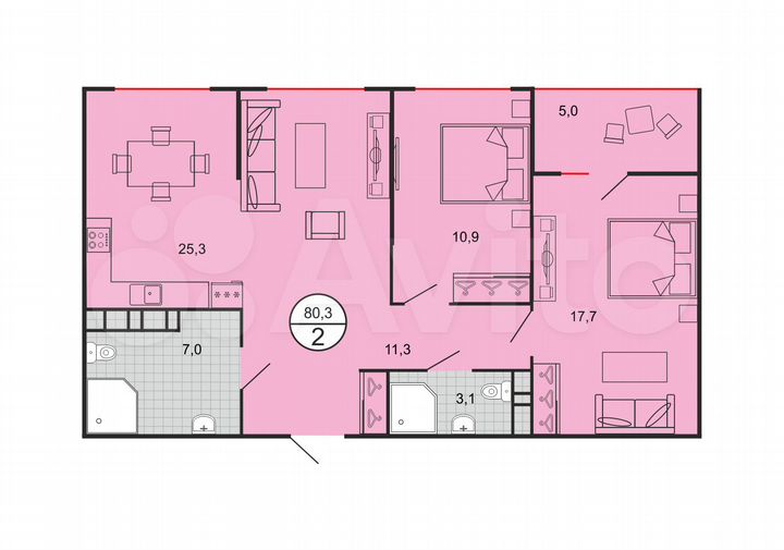 2-к. квартира, 80 м², 5/19 эт.