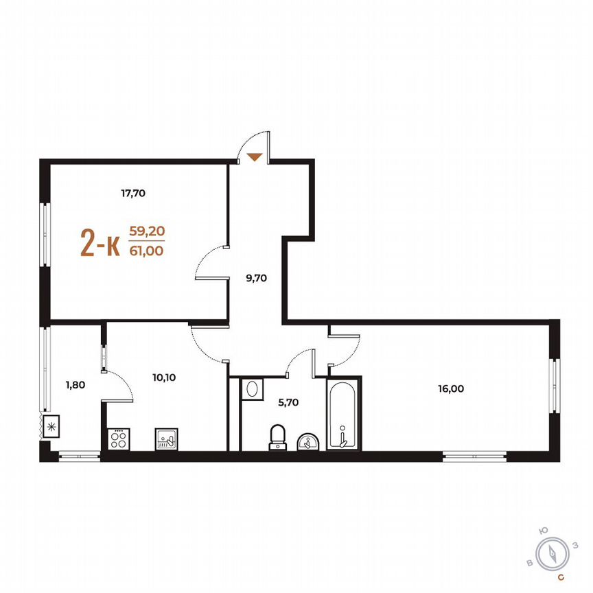 2-к. квартира, 61 м², 6/8 эт.
