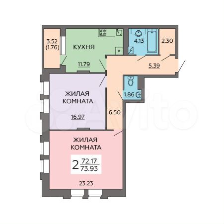 2-к. квартира, 73,9 м², 6/21 эт.