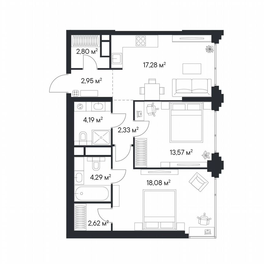 2-к. квартира, 68,1 м², 18/28 эт.