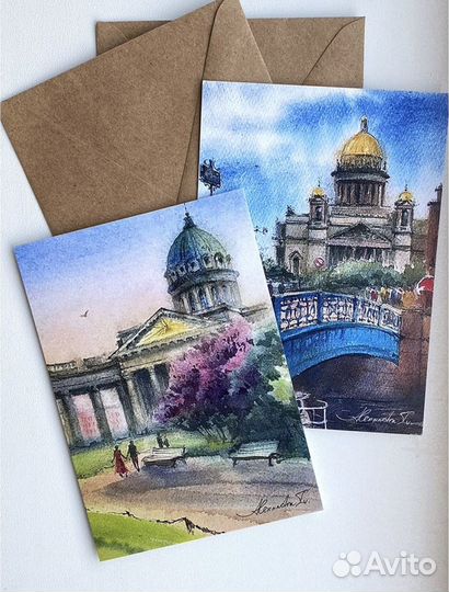 Акварельные открытки с Петербургом 4шт