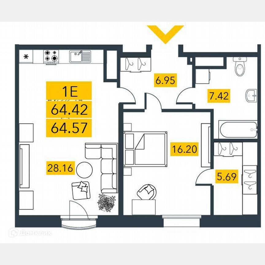 1-к. квартира, 64,9 м², 6/7 эт.