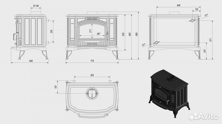 Печь-камин чугунный koza/K9/150/PW/W