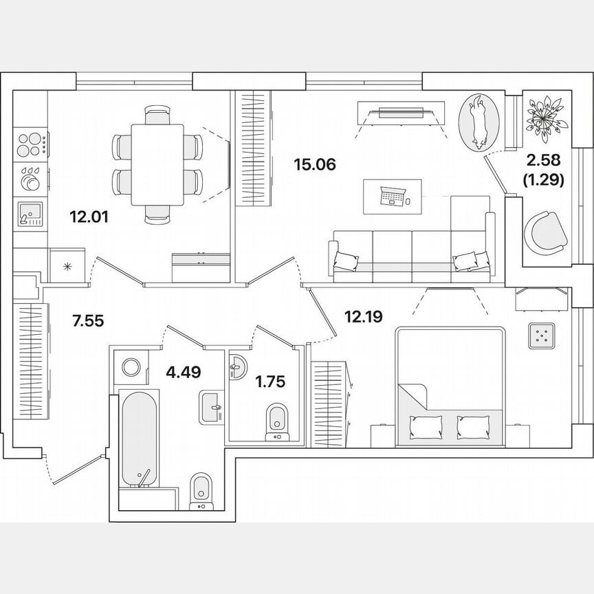 2-к. квартира, 54,3 м², 1/12 эт.
