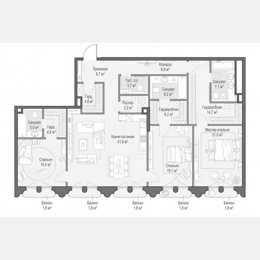 3-к. квартира, 172,8 м², 10/13 эт.