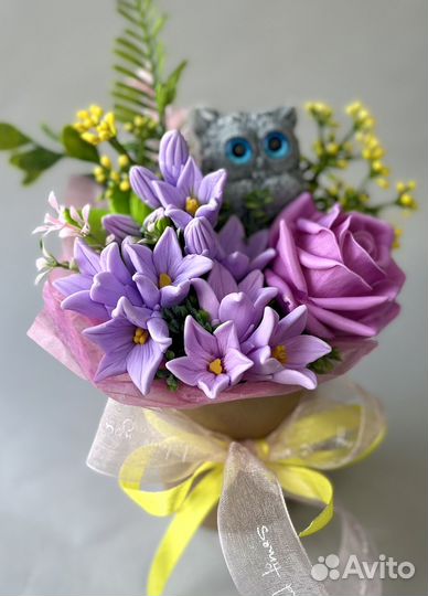 Букет цветов из мыла с совушкой