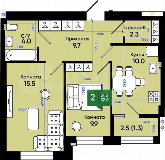 2-к. квартира, 52,8 м², 1/3 эт.